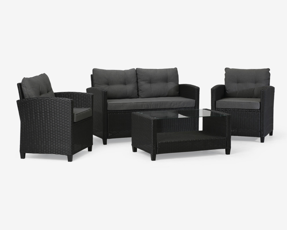 Loungesæt sofa + 2 lænestole + sofabord inkl. hynder 